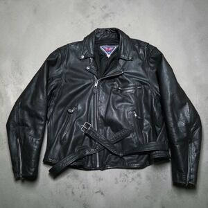 Vintage MOB Black Leather Motorcycle Jacket Mens 52 Biker Moto Riding Heavy Belt